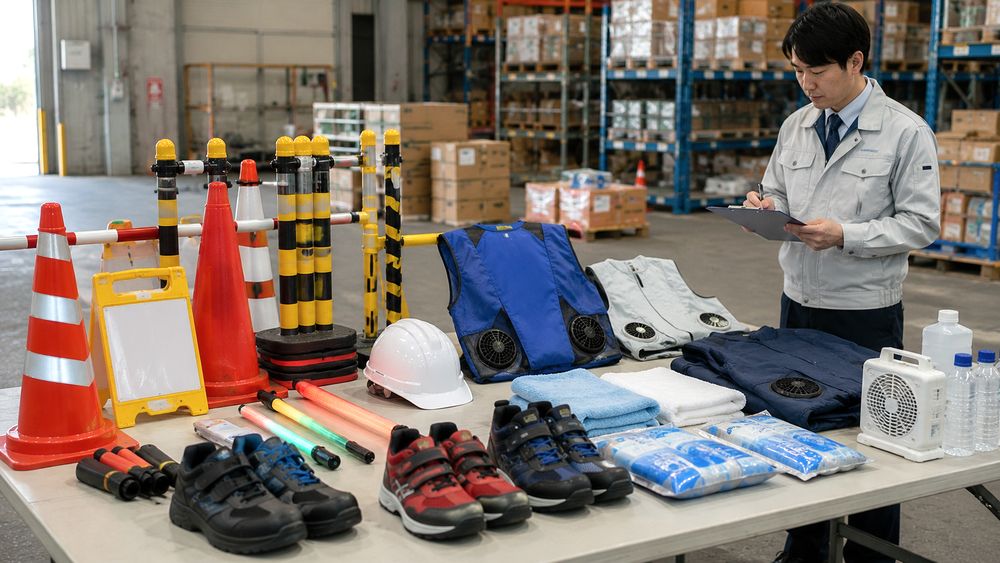安全靴や熱中症対策用品を確認するイメージ