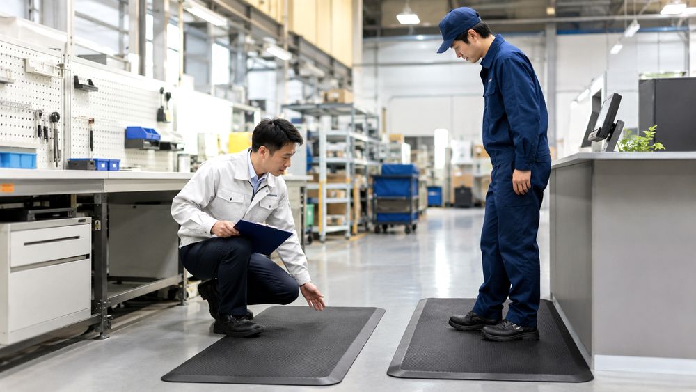 立ち仕事の疲労軽減マットを作業場で確認するイメージ