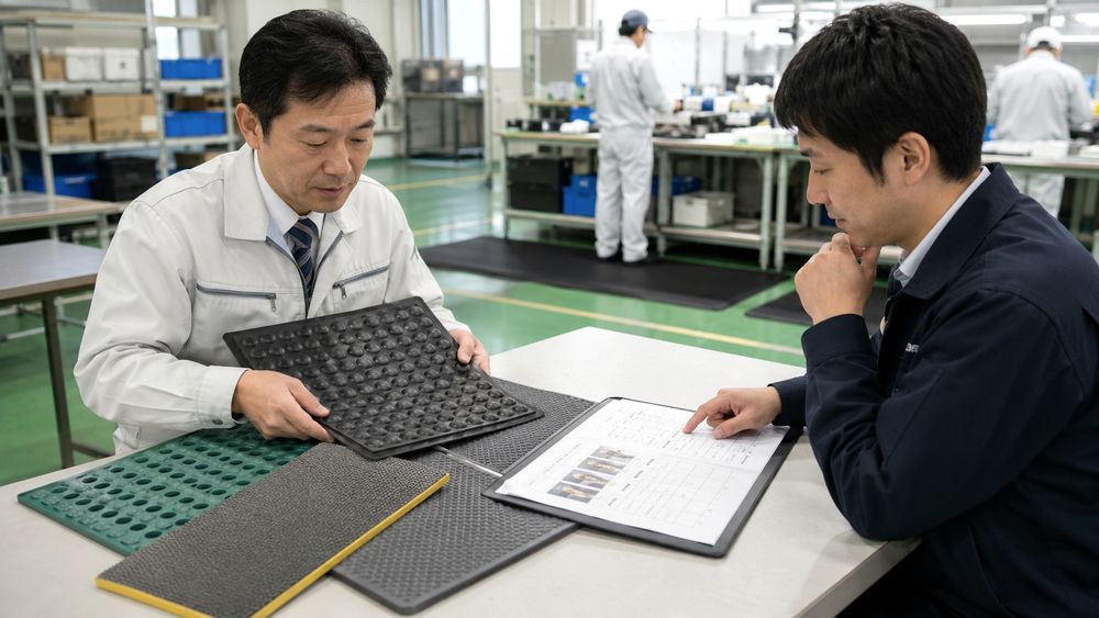 法人担当者が立ち仕事用マットの導入チェックリストを確認するイメージ
