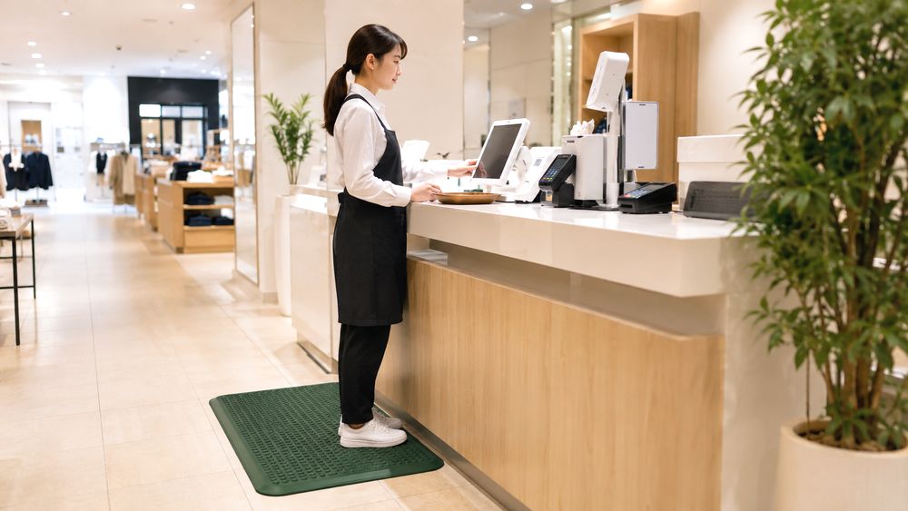 店舗カウンターやレジ下で疲労軽減マットを使うイメージ