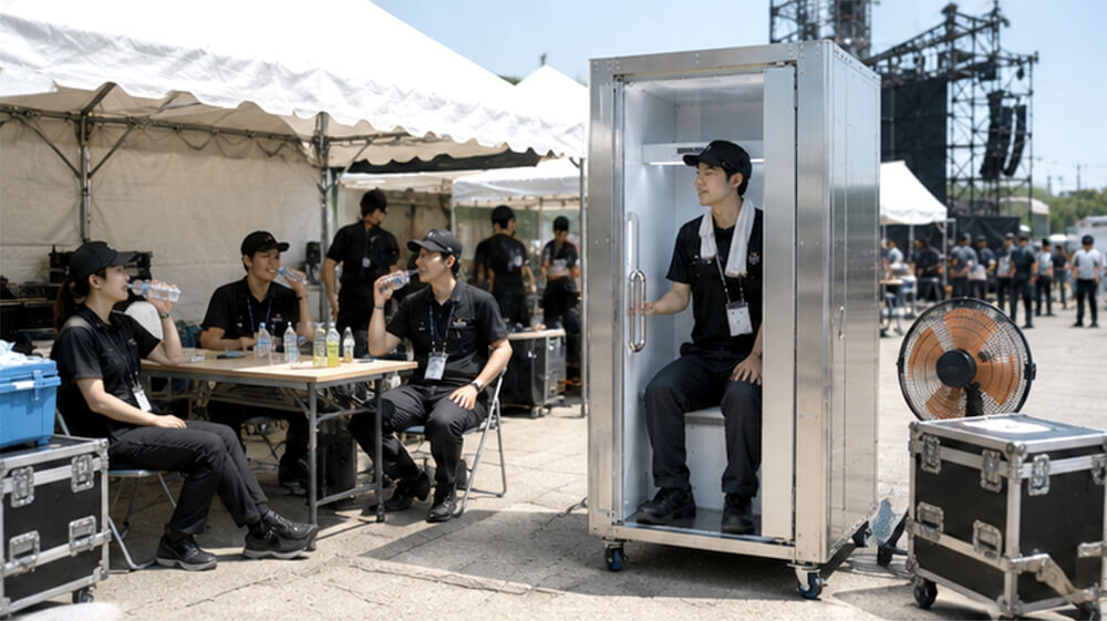 工場扇やスポットクーラーなど暑さ対策用品の役割分担イメージ