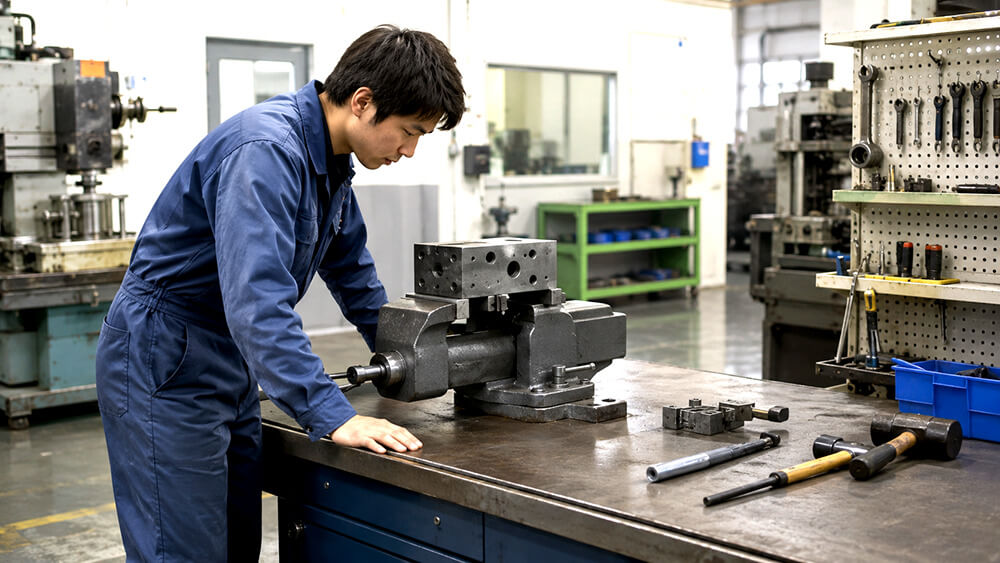 バイス付きの頑丈な作業台で部材を固定する作業イメージ